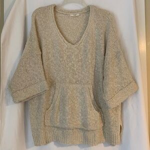 easel beige slub knit V neck sweater with kangaroo pocket
